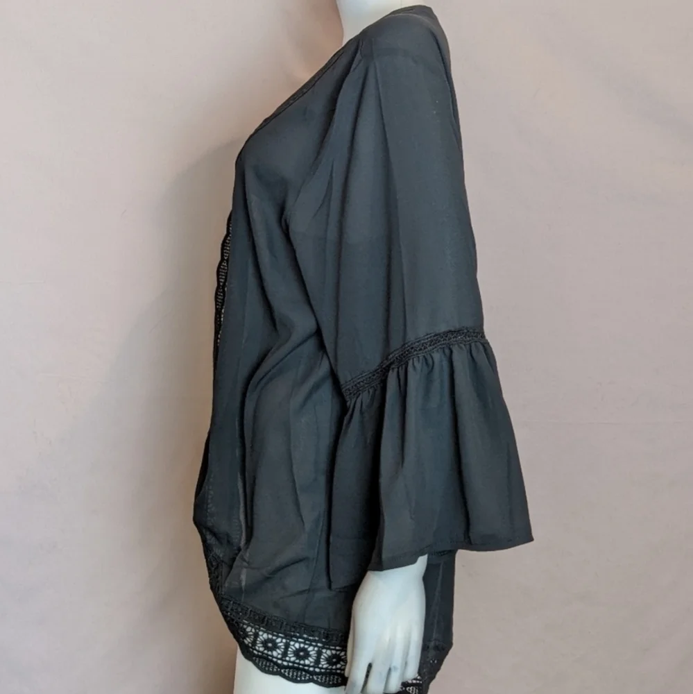 Black Crochet Trim Bohemian Open Front Cardigan Kimono Top